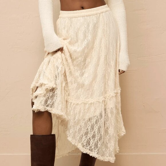 American Eagle High-Waisted Handkerchief Hem Lace Maxi Skirt in Cream - Picture 1 of 7